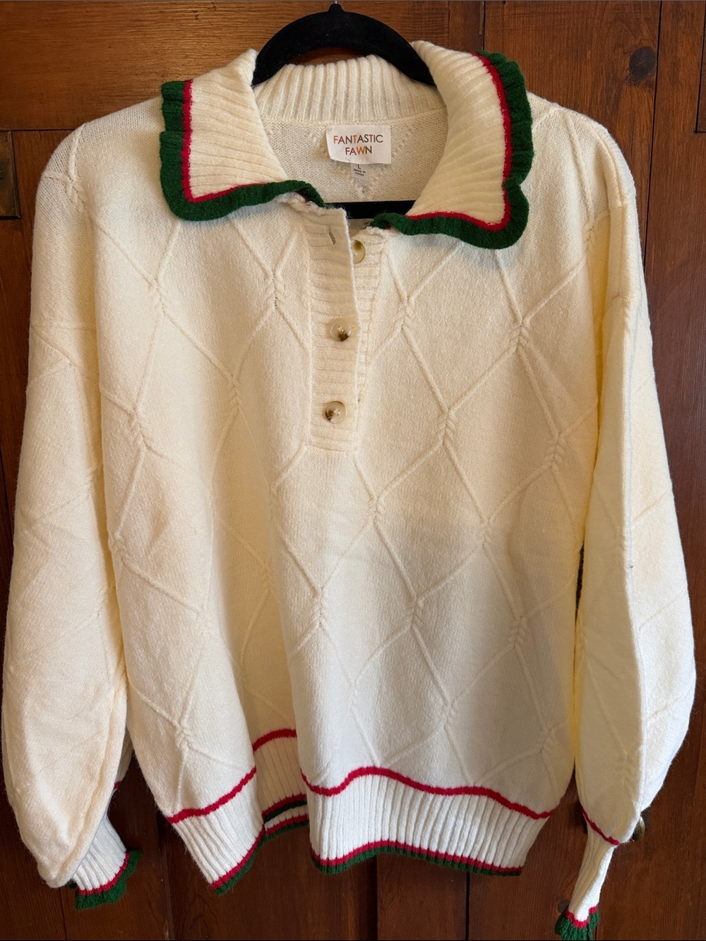 Fantastic Fawn Cream V-Neck Cable Knit Sweater with Green & Red Trim